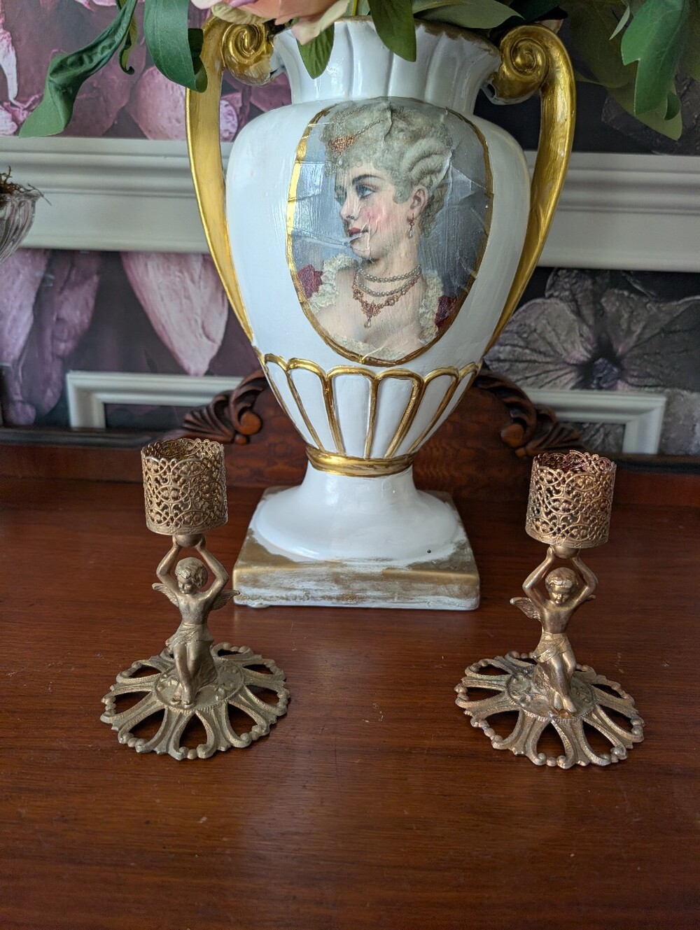 Vtg Set of 2,  Revlon Regency Gold Filigree Cherub  Brass Lipstick/Candle Holder